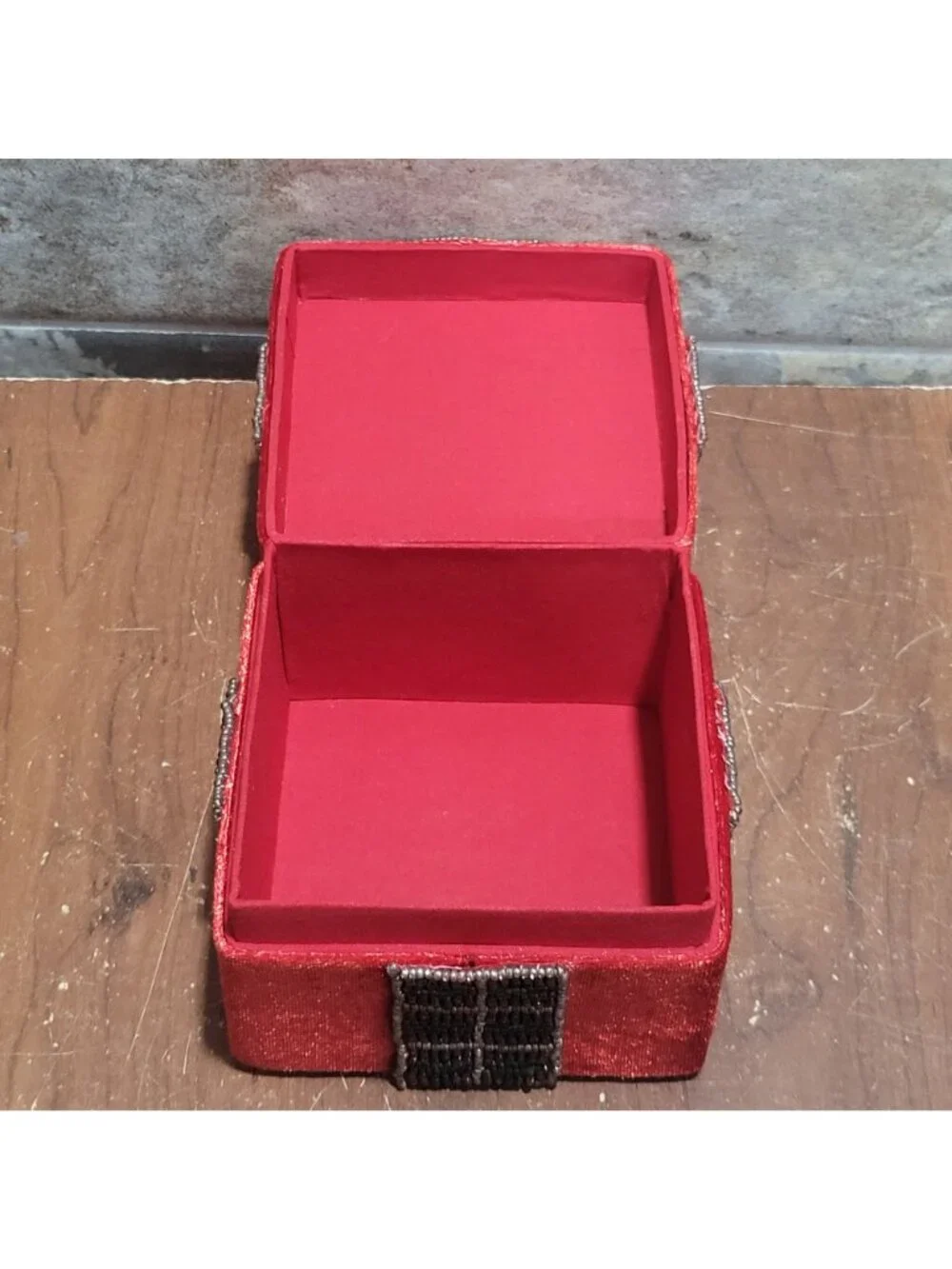 Vintage Red Velvet Christmas Trinket Gift Box Beaded Plaid Ribbon Bow 4